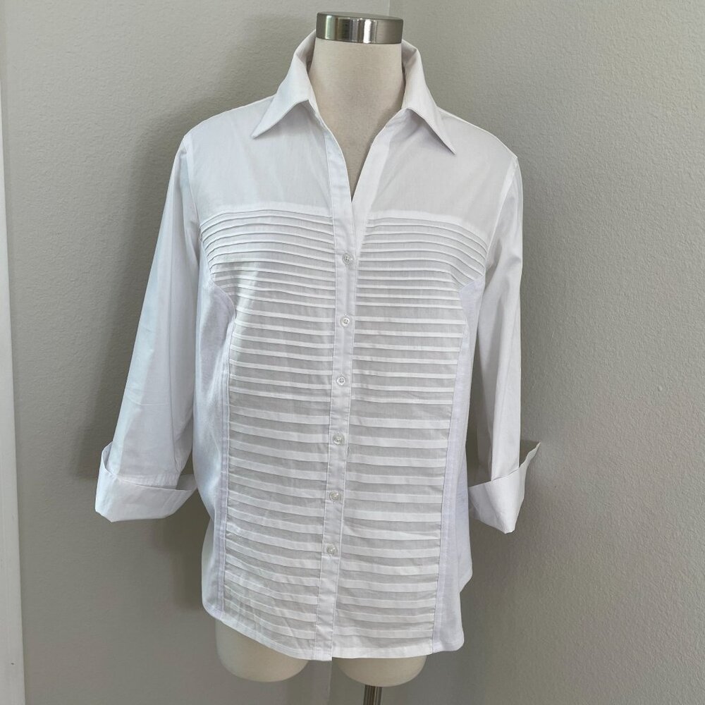 Zag & Rachel Woman‎ Plus 1X White Button Up Pleated Shirt 3/4 Sleeve Blouse
